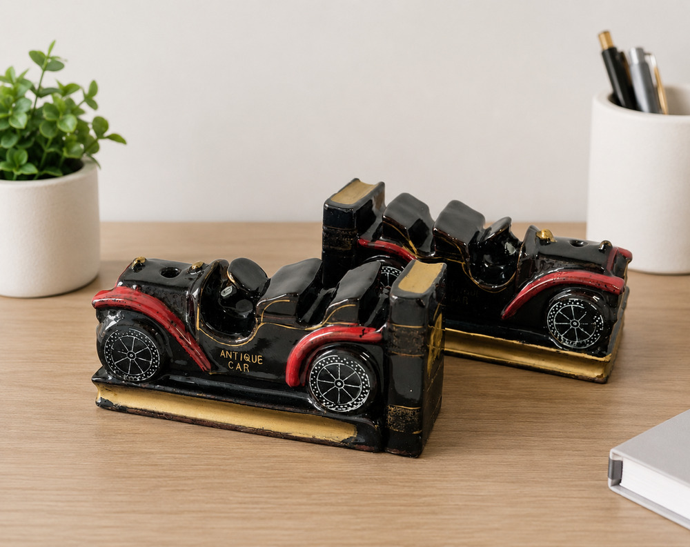 Vintage Japan Ceramic Antique Car Bookends Moody Monster Champion Retro Black...